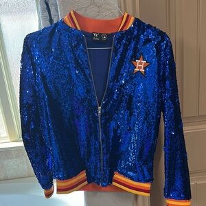 Blue Sequin AstrosBomber Jacket with Orange Trim